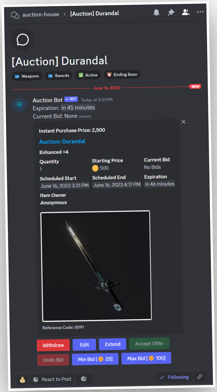 A live auction embed in Discord